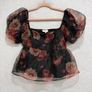 THIRTY/THIRTY Blouse Womens Large Black Floral Puff Sleeve Sheer Peplum Top
